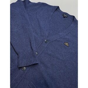 Faconnable Jeans Cardigan Sweater Mens 2XL Lambs Wool Logo Button Blue Elbow Pad